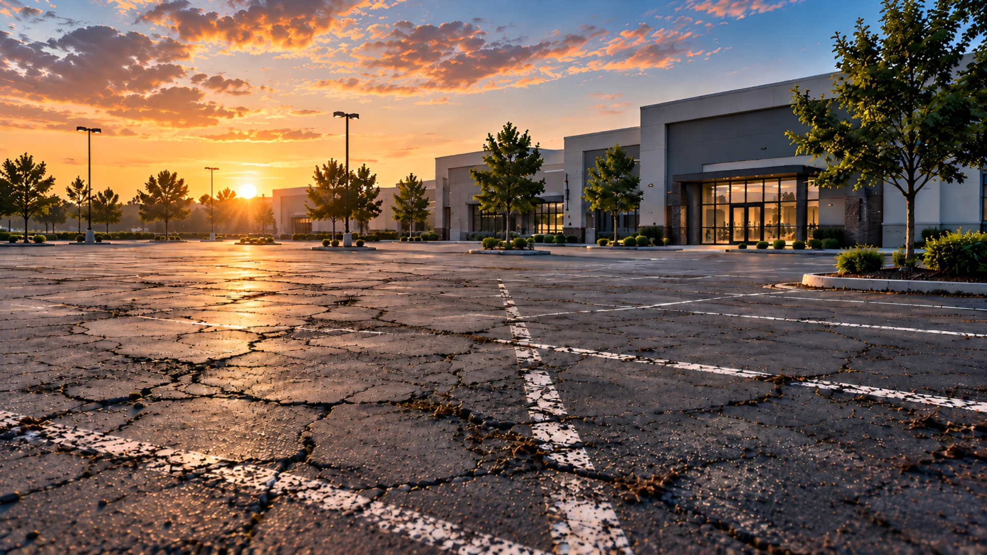 Cracked, faded commercial parking lot at sunrise before resurfacing