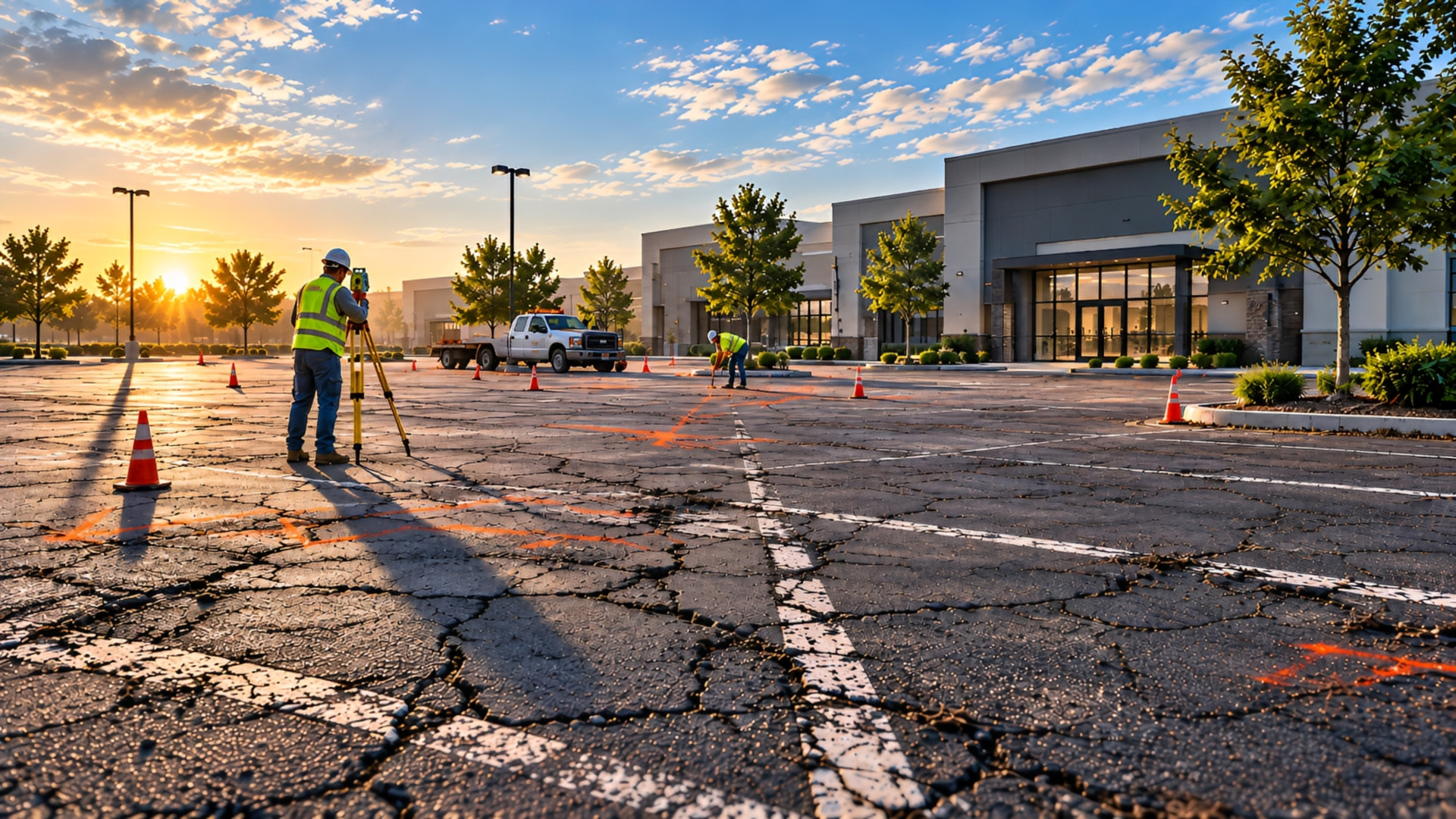 Surveyor marking out a commercial parking lot before demolition