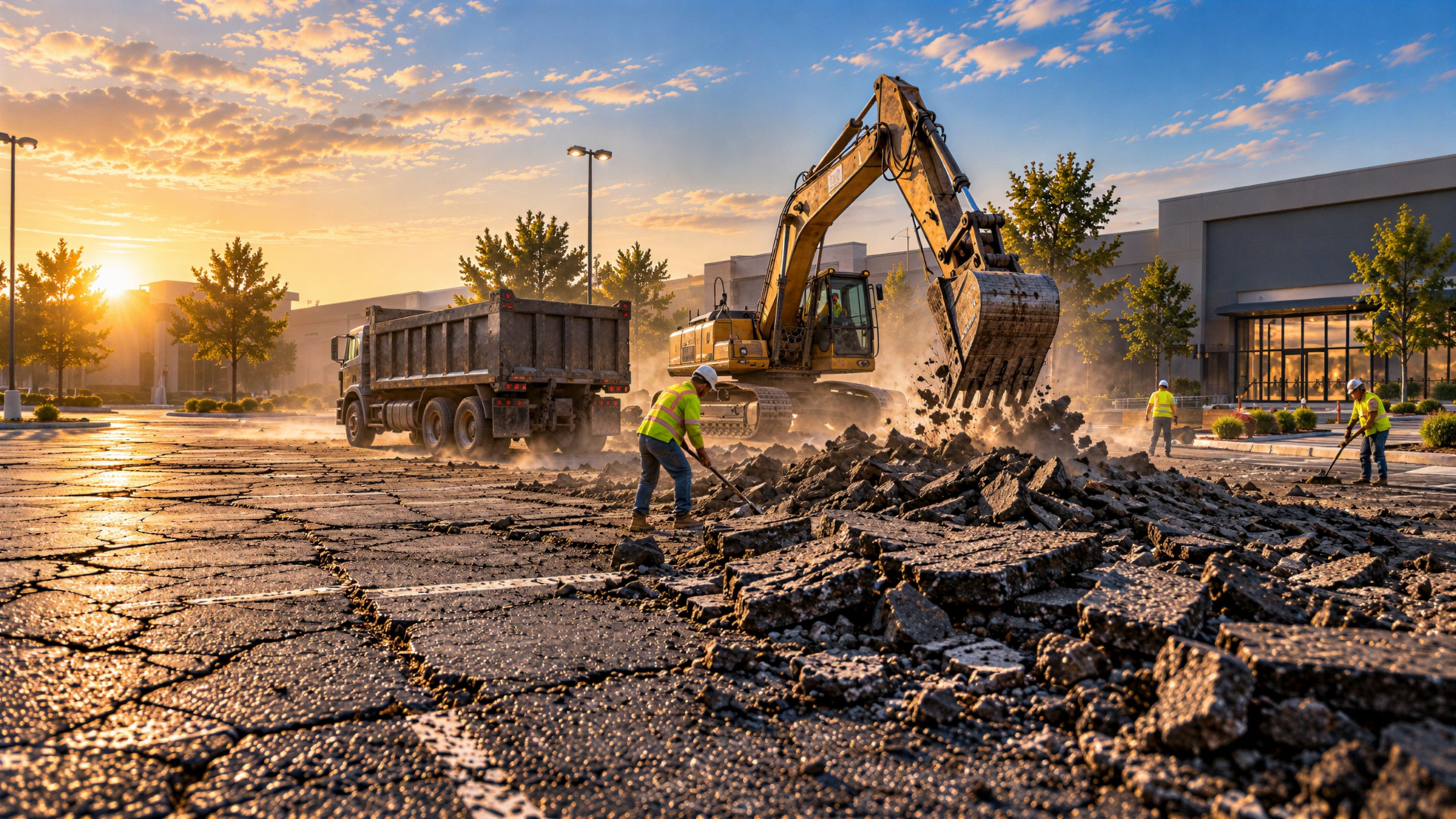 Excavator breaking out failed asphalt as crews clear debris