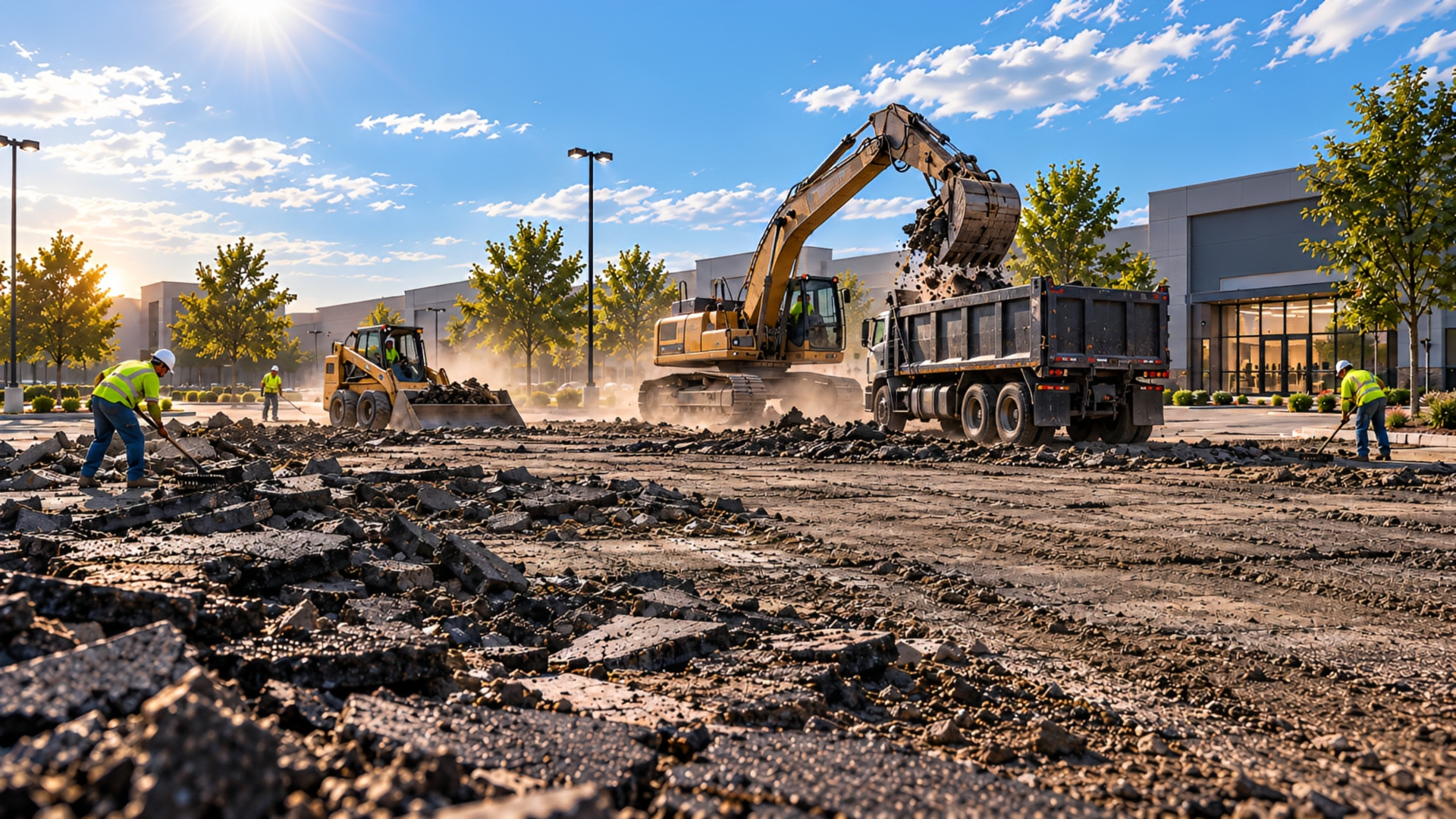 Demolition progressing, broken asphalt loaded into a dump truck