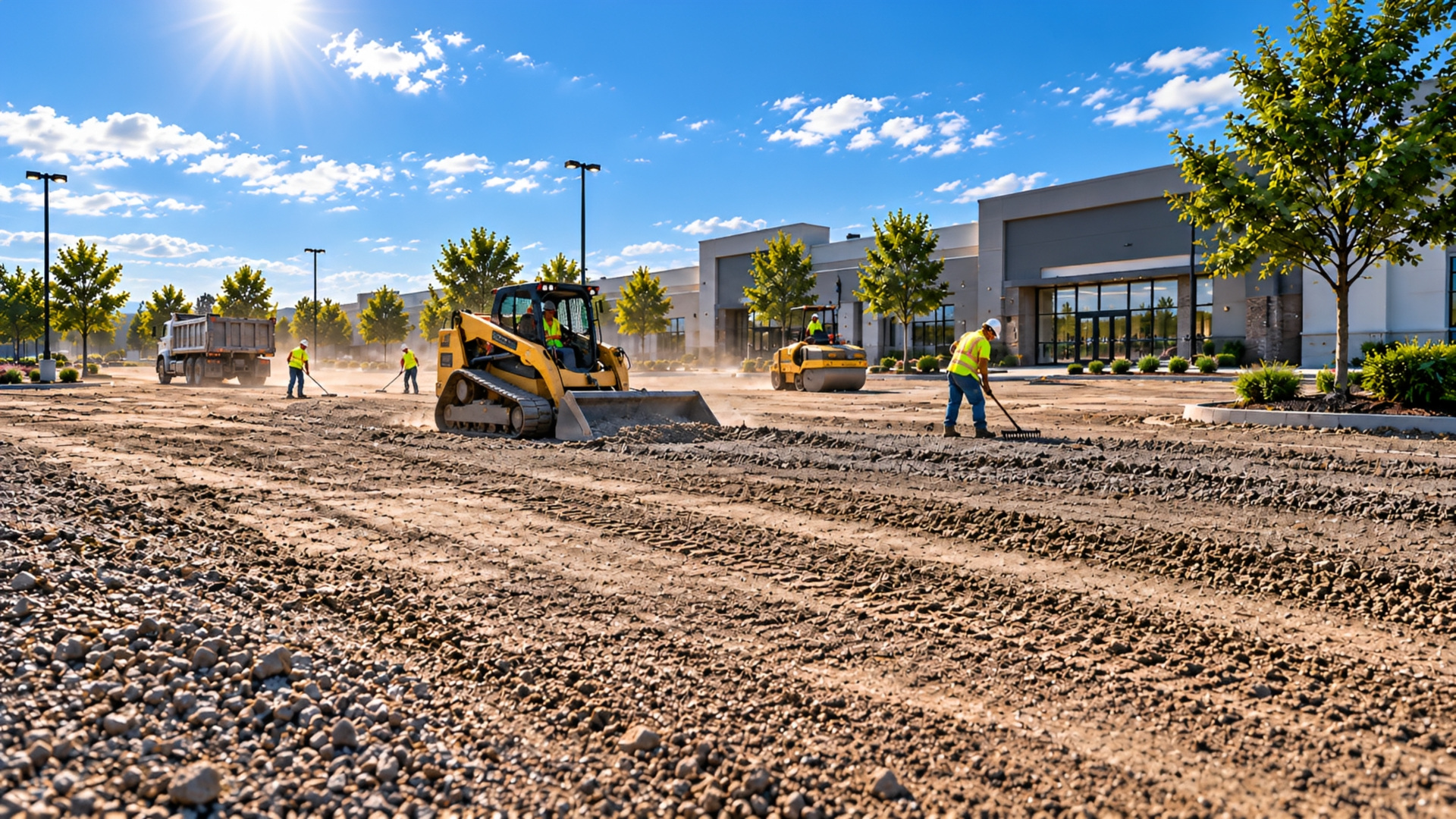 Roller compacting the aggregate base as crews rake it level