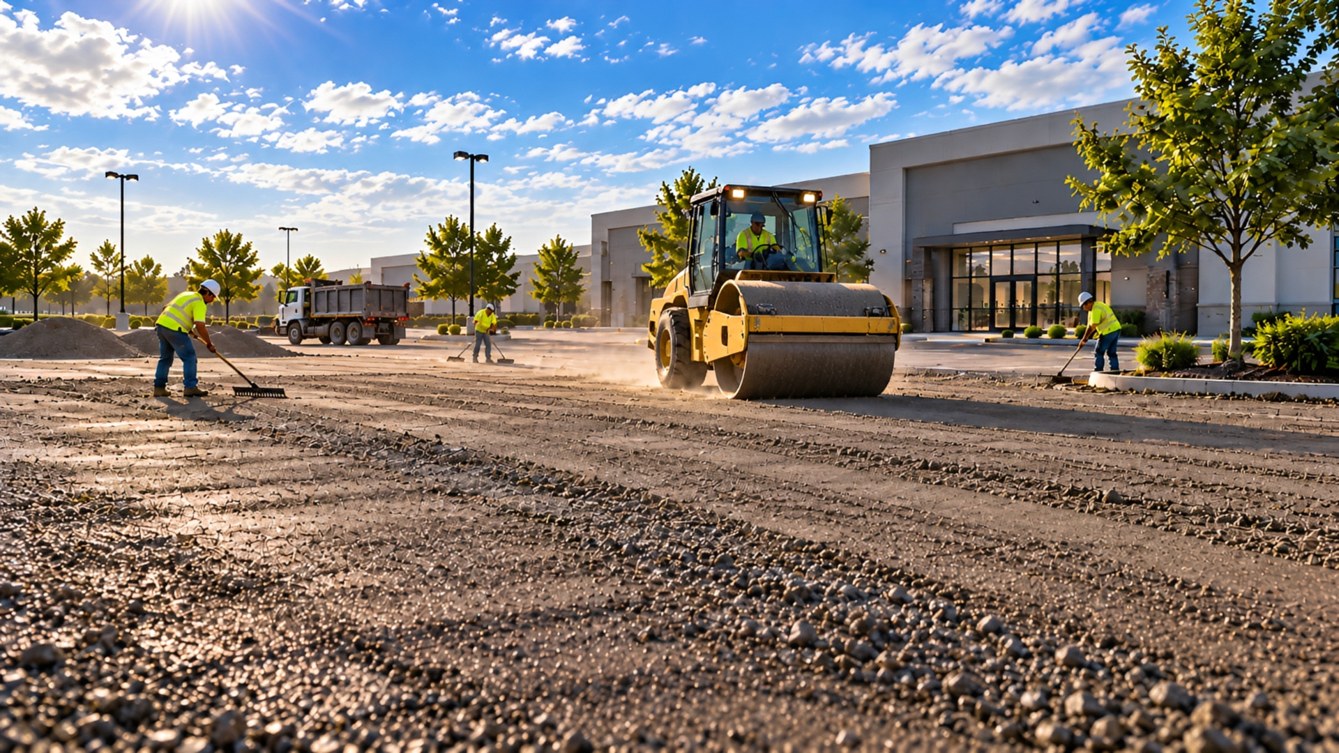 Roller working the compacted base ahead of paving