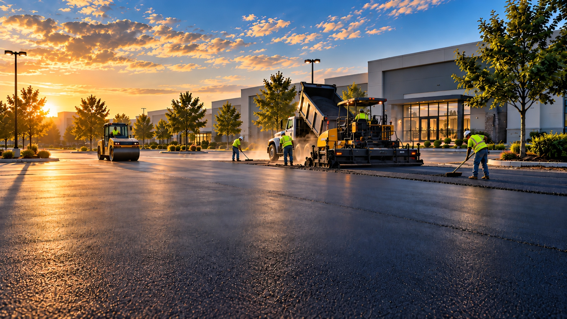 Paver laying hot asphalt with the crew raking the mat