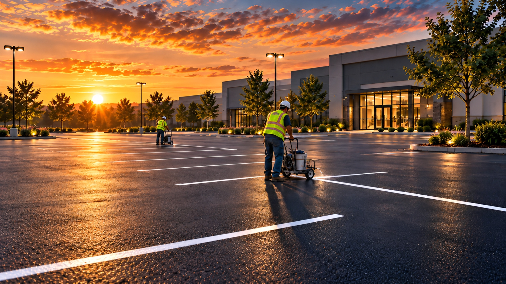 Crew painting fresh parking stall striping at sunset