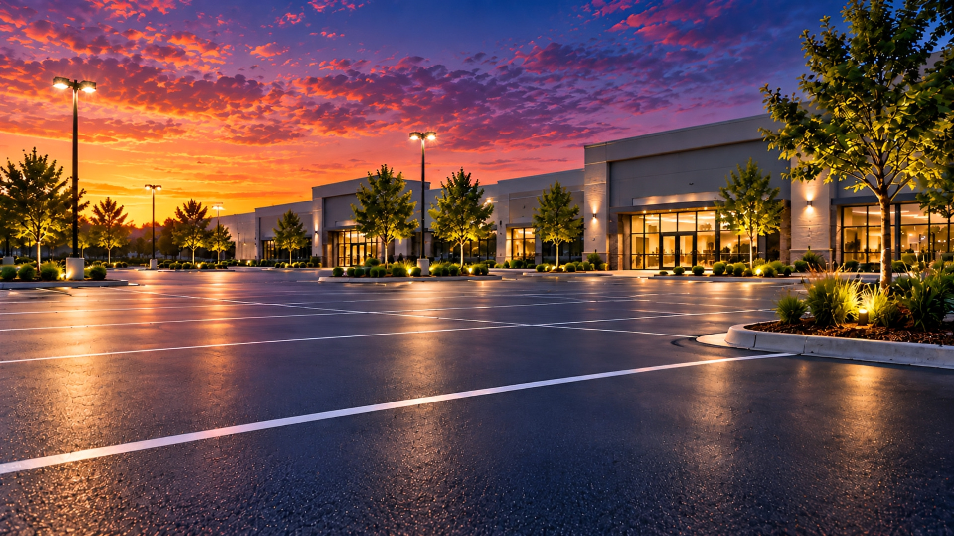 Finished commercial parking lot lit at twilight